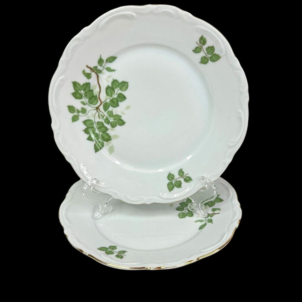 Vintage Mitterteich Bavaria Green Leaves 2 Dessert Plates Germany Gold Trim